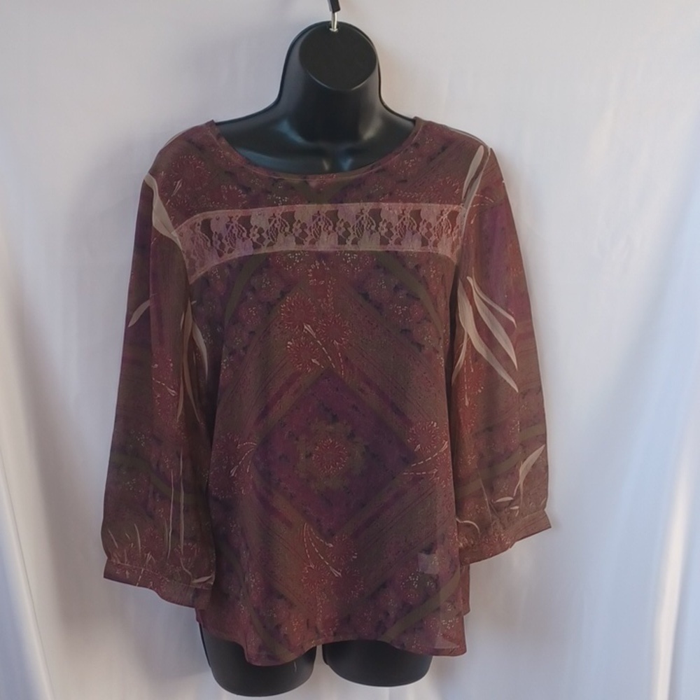 FRED David Khaki & pink floral print sheer blouse Sz S